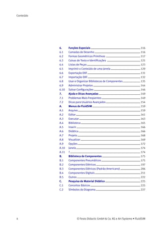 Conteúdo
6. Funções Especiais 116
6.1 Camadas de Desenho 116
6.2 Formas Geométricas Primitivas 117
6.3 Caixas de Texto e Identiﬁcações 121
6.4 Listas de Peças 123
6.5 Imprimir o Conteúdo de uma Janela 129
6.6 Exportação DXF 131
6.7 Importação DXF 132
6.8 Usar e Organizar Bibliotecas de Componentes 135
6.9 Administrar Projetos 144
6.10 Salvar Conﬁgurações 146
7. Ajuda e Dicas Avançadas 149
7.1 Problemas Mais Freqüentes 149
7.2 Dicas para Usuários Avançados 154
A. Menus do FluidSIM 159
A.1 Arquivo 159
A.2 Editar 161
A.3 Executar 163
A.4 Biblioteca 165
A.5 Inserir 166
A.6 Didática 166
A.7 Projeto 168
A.8 Visualizar 169
A.9 Opções 172
A.10 Janela 174
A.11 ? 174
B. Biblioteca de Componentes 175
B.1 Componentes Pneumáticos 175
B.2 Componentes Elétricos 197
B.3 Componentes Elétricos (Padrão Americano) 206
B.4 Componentes Digitais 211
B.5 Outros 222
C. Pesquisa de Material Didático 225
C.1 Conceitos Básicos 225
C.2 Símbolos do Diagrama 227
4 © Festo Didactic GmbH & Co. KG e Art Systems • FluidSIM
 