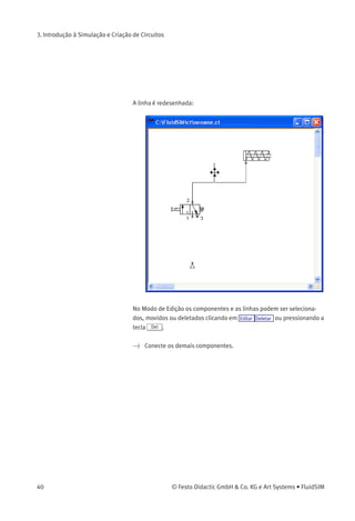 3. Introdução à Simulação e Criação de Circuitos
Imediatamente aparece uma linha entre as duas conexões selecionadas:
O FluidSIM desenha automaticamente uma linha entre as duas
conexões selecionadas. O cursor do rato transforma-se no sinal de
proibido se não for possível desenhar uma linha entre as duas
conexões.
> Leve o cursor até uma linha.
No Modo de Edição o cursor transforma-se em um cruzamento
quando estiver posicionado sobre uma linha.
> Pressione o botão esquerdo do rato e leve o símbolo de cruzamento
para a esquerda. Solte o botão do rato.
© Festo Didactic GmbH & Co. KG e Art Systems • FluidSIM 39
 