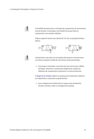 3. Introdução à Simulação e Criação de Circuitos
O diagrama de circuitos deve parecer com a seguinte ﬁgura:
> Salve o circuito clicando em ou em Arquivo Salvar . Se o título for
novo, o FluidSIM abre automaticamente a caixa de diálogo Seletor
de Arquivos; então você precisa dar um nome ao circuito.
> Inicie a simulação clicando em ; depois clique na válvula de
acionamento manual.
Quando você clica em uma válvula, seu comportamento real é simulado.
Aqui a válvula que foi clicada comuta e logo depois os cálculos são
refeitos. Como resultado, a válvula com acionamento pneumático
comuta e o cilindro avança.
46 © Festo Didactic GmbH & Co. KG e Art Systems • FluidSIM
 