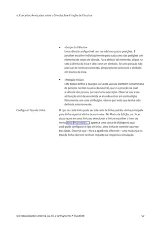 4. Conceitos Avançados sobre a Simulação e Criação de Circuitos
Conﬁgurar Válvulas
Direcionais
O corpo de uma válvula ou sua quantidade de posições pode ser
alterado clicando-se duas vezes na válvula. A seguinte caixa de diálogo
aparece na tela.
Descrição da caixa de diálogo:
• «Acionamento à Esquerda/Direita»
Os modos de acionamento da válvula podem ser deﬁnidos
individualmente para os dois lados; ele pode ser de um ou de mais
desses tipos: «manual», «mecânico» ou «pneumático/elétrico».
Para atribuir um modo de operação, clique na seta à direita da
lista e selecione um símbolo. Se um tipo não precisar de um modo
de operação, simplesmente escolha o símbolo em branco da
lista. Além disso, é possível atribuir para cada lado da válvula os
atributos «retorno por mola» e «pilotada».
• «Descrição»
Digite um nome para a válvula. Esse nome é usado no
diagrama de estados e na lista de peças.
56 © Festo Didactic GmbH & Co. KG e Art Systems • FluidSIM
 