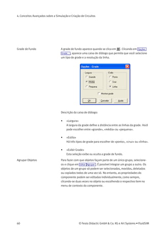 4. Conceitos Avançados sobre a Simulação e Criação de Circuitos
• «Opção de Escape»
Deﬁne se uma conexão aberta permanecerá aberta, será fechada
com um tampão ou fechada por um escape.
Um tampão é representado por uma linha transversal e um escape é
representado pelo respectivo símbolo DIN:
Opções de Zoom O conteúdo das janelas pode ser ampliado clicando-se em ou em
Visualizar Ampliar ou reduzido usando ou Visualizar Reduzir . As teclas
de atalho para esta função são respectivamente > e < . Caso seu
dispositivo de rato for equipado com uma esfera, você pode rolar a
esfera enquanto pressiona a tecla Ctrl para fazer respectivamente o
zoom in e out
Se você clicar em ou em Visualizar Ampliar pela janela de seleção e
depois criar um retângulo com a janela de seleção, a área selecionada
aparecerá ampliada. Também é possível visualizar ora a janela atual e
ora a janela anterior clicando em ou em Visualizar Visualização anterior .
ou Visualizar Ajustar à janela ajusta todo o circuito à janela; ou
Visualizar Tamanho padrão mostra o diagrama de circuitos sem ampliação
ou redução.
© Festo Didactic GmbH & Co. KG e Art Systems • FluidSIM 59
 