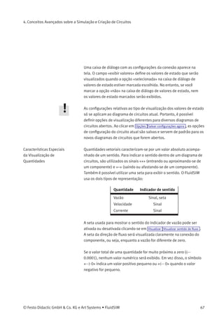 4. Conceitos Avançados sobre a Simulação e Criação de Circuitos
Descrição da caixa de diálogo:
• «Nenhum»
Nenhum valor é visualizado para esta quantidade.
• «Especíﬁcos»
São visualizados valores relativos àquelas conexões previamente
escolhidas pelo usuário.
• «Todos»
Valores para essa quantidade são visualizados em todas as
conexões.
• «Exibir Unidades de Medida»
Ative esta opção se você quer que tanto os valores de estado
quanto as respectivas unidades sejam exibidos.
Para cada quantidade há um atalho por teclas que permite alternar
entre os três modos de visualização. A coluna de «atalhos» da caixa de
diálogo para visualização de quantidades mostra quais são as teclas
adequadas.
Veja como selecionar conexões para a visualização de parâmetros
individuais:
> Abra um diagrama de circuitos.
> Vá para o Modo de Edição e clique duas vezes em uma conexão de
componente ou clique no menu Editar em Propriedades... .
66 © Festo Didactic GmbH & Co. KG e Art Systems • FluidSIM
 