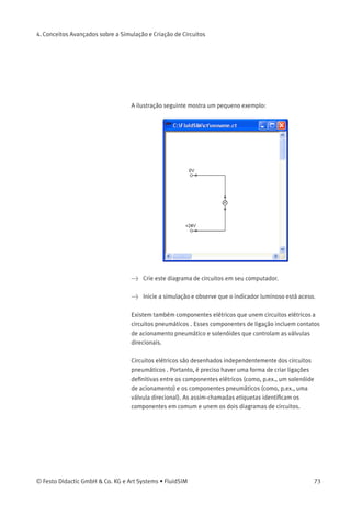 4. Conceitos Avançados sobre a Simulação e Criação de Circuitos
Aparecerão na tela caixas de mensagens comunicando ao usuário os
erros gráﬁcos.
Depois de ler as instruções, você pode decidir se quer simular o circuito
mesmo assim:
4.8
Unir Pneumática, Elétrica
e Mecânica
O FluidSIM permite a criação não só de diagramas de circuitos pneu-
máticos , mas também de circuitos elétricos. Os componentes para os
circuitos elétricos encontram-se na biblioteca de componentes e podem
ser arrastados de lá e inseridos na área de desenho. Componentes elé-
tricos são conectados do mesmo modo que os componentes ﬂuídicos.
72 © Festo Didactic GmbH & Co. KG e Art Systems • FluidSIM
 