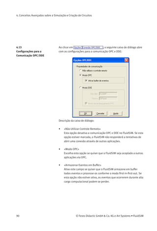 4. Conceitos Avançados sobre a Simulação e Criação de Circuitos
A seguinte caixa de diálogo aparece na tela:
Descrição da caixa de diálogo:
• «Etiqueta»
Etiqueta do componente DDE. Esta etiqueta é usada de dentro da
aplicação do parceiro para solicitar ou atribuir valores no FluidSIM
através de DDE.
• «Endereços FPC»
Se o FluidSIM estiver acoplado a uma aplicação que também for-
nece suporte de endereçamento FPC, os endereços de montagem,
palavra e byte podem ser digitados aqui. Essas conﬁgurações são
necessárias apenas quando a opção modo FPC estiver ativa.
• «Função de Inversão»
Inverte os valores lógicos dos componentes DDE. Normalmente o
ﬂuxo de corrente corresponde a um 1 lógico.
© Festo Didactic GmbH & Co. KG e Art Systems • FluidSIM 89
 