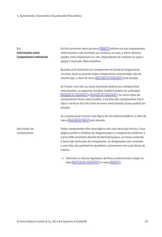 5. Aprendendo, Ensinando e Visualizando
Pneumática
Além de criar e simular diagramas de circuitos eletropneumáticos ,
o FluidSIM também ajuda a transmitir conhecimentos básicos de
pneumática . Esse conhecimento é apresentado na forma de textos,
visões gerais, vistas em corte, exercícios e ﬁlmes didáticos. As funções
que realizam a seleção desse material didático estão disponíveis no
menu Didática .
Um grupo dessas funções diz respeito às informações sobre compo-
nentes individuais, selecionados. Outro grupo de funções diz respeito
a visões gerais organizados do material didático, permitindo a seleção
de um tópico que seja de interesse. Além disso, também é possível
selecionar e unir tópicos arbitrários para formar as assim chamadas
«apresentações».
Os apêndices B, «Biblioteca de Componentes», e C, «Pesquisa de
Material Didático», oferecem um resumo completo e conciso do material
de ensino do FluidSIM.
Os capítulos seguintes contêm uma descrição das funções disponíveis
no menu Didática .
92 © Festo Didactic GmbH & Co. KG e Art Systems • FluidSIM
 