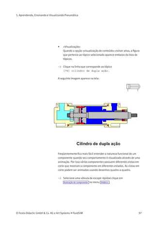 5. Aprendendo, Ensinando e Visualizando Pneumática
A seguinte caixa de diálogo aparece na tela:
Descrição da caixa de diálogo:
• «Tópicos»
Este campo contém uma lista das vistas em corte, animações
e circuitos que se referem às características funcionais de um
componente individual. Clicando duas vezes em uma linha da lista,
a caixa de diálogo desaparece e surge na tela uma janela com a
informação selecionada. A barra selecionada na lista de tópicos
pode ser movida usando-se o rato ou as teclas de seta; no entanto,
a barra selecionada não responderá a nenhum movimento das
barras de rolagem.
96 © Festo Didactic GmbH & Co. KG e Art Systems • FluidSIM
 