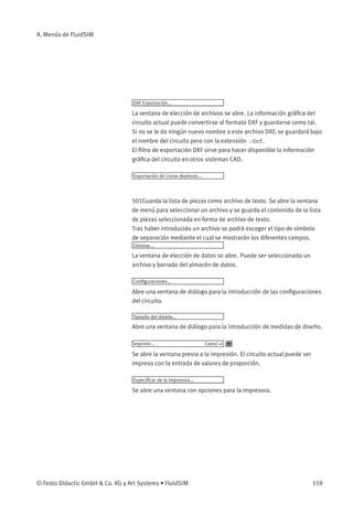 A. Menús de FluidSIM

Este capítulo contiene un listado completo de los menús de FluidSIM
y sirve de referencia rápida para el usuario. El concepto circuito actual
tan usado aquí, se reﬁere a la ventana del circuito seleccionada. Una
ventana seleccionada es siempre visible en su totalidad y su lista de
títulos se colorea.

A.1
Archivo

Nuevo

Cotrol +N

Abre una ventana vacía para insertar un circuito. El nombre por defecto
del nuevo circuito es noname.ct. Si ya existe un circuito con ese
nombre, se creará un nombre diferente mediante la inclusión de un
número en el nombre del archivo noname.
Abrir...

Cotrol +A

La ventana de elección de archivos se abre. Un circuito almacenado
puede ser seleccionado y cargado.
Guardar

Cotrol +G

El circuito actual se guarda. El circuito mismo sigue abierto.
Guardar como...

La ventana de elección de archivos se abre. Puede dársele un nuevo
nombre al circuito actual y grabar bajo éste el circuito. Este nombre será
tomado como nuevo nombre del circuito y éste aparece en la lista de
títulos de la ventana del circuito.
Presentación preliminar del circuito Cotrol
+U

Abre la ventana de presentación preliminar del circuito. Por medio de
un doble clic sobre la presentación minimizada del circuito, se carga un
circuito. Los circuitos pueden también ser seleccionados y eliminados
en esta ventana. Al guardar los circuitos se actualizan automáticamente
las ventanas de presentación preliminar de FluidSIM.
En el directorio fluidsim pueden introducirse otros subdirectorios
para el almacenamiento de circuitos. FluidSIM reconoce todos los
directorios de circuito y genera para ello las correspondientes ventanas
de presentación preliminar de circuitos.

158

© Festo Didactic GmbH & Co. KG y Art Systems • FluidSIM

 