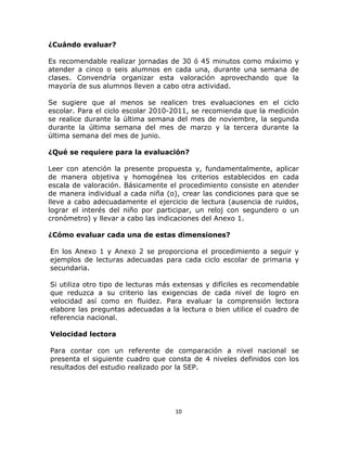  
 
10 
 
¿Cuándo evaluar?
Es recomendable realizar jornadas de 30 ó 45 minutos como máximo y
atender a cinco o seis alumnos en cada una, durante una semana de
clases. Convendría organizar esta valoración aprovechando que la
mayoría de sus alumnos lleven a cabo otra actividad.
Se sugiere que al menos se realicen tres evaluaciones en el ciclo
escolar. Para el ciclo escolar 2010-2011, se recomienda que la medición
se realice durante la última semana del mes de noviembre, la segunda
durante la última semana del mes de marzo y la tercera durante la
última semana del mes de junio.
¿Qué se requiere para la evaluación?
Leer con atención la presente propuesta y, fundamentalmente, aplicar
de manera objetiva y homogénea los criterios establecidos en cada
escala de valoración. Básicamente el procedimiento consiste en atender
de manera individual a cada niña (o), crear las condiciones para que se
lleve a cabo adecuadamente el ejercicio de lectura (ausencia de ruidos,
lograr el interés del niño por participar, un reloj con segundero o un
cronómetro) y llevar a cabo las indicaciones del Anexo 1.
¿Cómo evaluar cada una de estas dimensiones?
En los Anexo 1 y Anexo 2 se proporciona el procedimiento a seguir y
ejemplos de lecturas adecuadas para cada ciclo escolar de primaria y
secundaria.
Si utiliza otro tipo de lecturas más extensas y difíciles es recomendable
que reduzca a su criterio las exigencias de cada nivel de logro en
velocidad así como en fluidez. Para evaluar la comprensión lectora
elabore las preguntas adecuadas a la lectura o bien utilice el cuadro de
referencia nacional.
Velocidad lectora
Para contar con un referente de comparación a nivel nacional se
presenta el siguiente cuadro que consta de 4 niveles definidos con los
resultados del estudio realizado por la SEP.
 