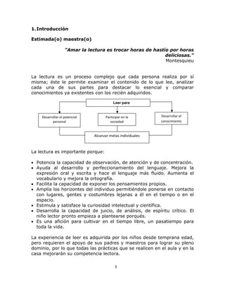  
 

1. Introducción
Estimada(o) maestra(o)
"Amar la lectura es trocar horas de hastío por horas
deliciosas."
Montesquieu
La lectura es un proceso complejo que cada persona realiza por sí
misma; éste le permite examinar el contenido de lo que lee, analizar
cada una de sus partes para destacar lo esencial y comparar
conocimientos ya existentes con los recién adquiridos.
Leer para

Desarrollar el potencial 
personal 

Participar en la
sociedad 

Desarrollar el
conocimiento

Alcanzar metas individuales

La lectura es importante porque:
• Potencia la capacidad de observación, de atención y de concentración.
• Ayuda al desarrollo y perfeccionamiento del lenguaje. Mejora la
expresión oral y escrita y hace el lenguaje más fluido. Aumenta el
vocabulario y mejora la ortografía.
• Facilita la capacidad de exponer los pensamientos propios.
• Amplía los horizontes del individuo permitiéndole ponerse en contacto
con lugares, gentes y costumbres lejanas a él en el tiempo o en el
espacio.
• Estimula y satisface la curiosidad intelectual y científica.
• Desarrolla la capacidad de juicio, de análisis, de espíritu crítico. El
niño lector pronto empieza a plantearse porqués.
• Es una afición para cultivar en el tiempo libre, un pasatiempo para
toda la vida.
La experiencia de leer es adquirida por los niños desde temprana edad,
pero requieren el apoyo de sus padres y maestros para lograr su pleno
dominio, por lo que todas las prácticas que se realicen en el aula y en la
casa mejorarán su competencia lectora.
3 
 

 