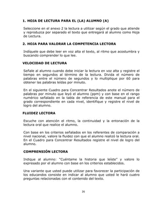  
   

1. HOJA DE LECTURA PARA EL (LA) ALUMNO (A)

Seleccione en el anexo 2 la lectura a utilizar según el grado que atiende
y reproduzca por separado el texto que entregará al alumno como Hoja
de Lectura.

2. HOJA PARA VALORAR LA COMPETENCIA LECTORA

Indíquele que debe leer en voz alta el texto, al ritmo que acostumbra y
buscando comprender lo que lee.

VELOCIDAD DE LECTURA

Señale al alumno cuando debe iniciar la lectura en voz alta y registre el
tiempo en segundos al término de la lectura. Divida el número de
palabras entre el número de segundos y lo multiplique por 60 para
obtener las palabras leídas por minuto.

En el siguiente Cuadro para Concentrar Resultados anote el número de
palabras por minuto que leyó el alumno (ppm) y con base en el rango
numérico señalado en la tabla de referencia de este manual para el
grado correspondiente en cada nivel, identifique y registre el nivel de
logro del alumno.

FLUIDEZ LECTORA

Escuche con atención el ritmo, la continuidad y la entonación de la
lectura oral que realice el alumno.

Con base en los criterios señalados en los referentes de comparación a
nivel nacional, valore la fluidez con que el alumno realizó la lectura oral.
En el Cuadro para Concentrar Resultados registre el nivel de logro del
alumno.

COMPRENSIÓN LECTORA

Indique al alumno: “Cuéntame la historia que leíste” y valore lo
expresado por el alumno con base en los criterios establecidos.

Una variante que usted puede utilizar para favorecer la participación de
los educandos consiste en indicar al alumno que usted le hará cuatro
preguntas relacionadas con el contenido del texto.



                                      26 

   
 