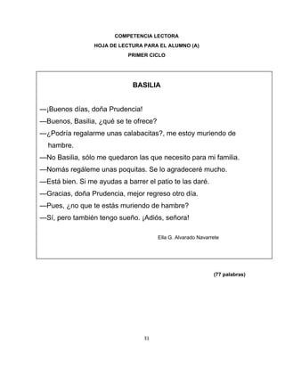  
   
                        COMPETENCIA LECTORA
                 HOJA DE LECTURA PARA EL ALUMNO (A)
                               PRIMER CICLO




                                BASILIA


—¡Buenos días, doña Prudencia!
—Buenos, Basilia, ¿qué se te ofrece?
—¿Podría regalarme unas calabacitas?, me estoy muriendo de
  hambre.
—No Basilia, sólo me quedaron las que necesito para mi familia.
—Nomás regáleme unas poquitas. Se lo agradeceré mucho.
—Está bien. Si me ayudas a barrer el patio te las daré.
—Gracias, doña Prudencia, mejor regreso otro día.
—Pues, ¿no que te estás muriendo de hambre?
—Sí, pero también tengo sueño. ¡Adiós, señora!

                                          Ella G. Alvarado Navarrete
   
   
   
                                                                 (77 palabras)
   
   
   
   
   
                            
                                    31 

   
 
