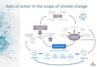 Axes of action in the scope of climate change
15
Changes in
temperature
Changes in
rainfall
Rise in the sea
level
External events
Climate
Change
Causes of climate
processes
Concentrations
Emissio
ns
Greenhous
e Effect
Gases
(GEG)
LAND-BASED
SYSTEMS Impacts and
Vulnerability
Food
security
Water
resource
s
Ecosystems
Human
health
Settlements
and society
Areas for action
Mitigation Adaptation
HUMAN SYSTEMS
Axis 1 Adaptation of Governance
Axis 2
Adaptation
of
Resources
Axis 3
Adaptation
of Spaces
Axis 4
Adaptation
of Mobility
Axis 5
Adaptation
of Products
 