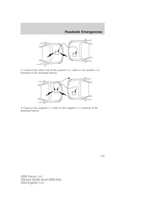 2. Connect the other end of the positive (+) cable to the positive (+)
terminal of the assisting battery.
3. Connect the negative (-) cable to the negative (-) terminal of the
assisting battery.
+
–
+
–
+
–
+
–
2005 Focus (foc)
Owners Guide (post-2002-fmt)
USA English (fus)
Roadside Emergencies
141
 