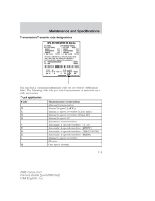 Transmission/Transaxle code designations
You can find a transmission/transaxle code on the vehicle certification
label. The following table tells you which transmission or transaxle each
code represents.
Truck application:
Code Transmission Description
Manual transmission
M Manual 5–speed (AKK))
C Manual 5–speed overdrive (Close ratio)
W Manual 5–speed overdrive (Dana ZF)
G Manual 6–speed ZF
Automatic transmission
Y Automatic 4–speed overdrive (CD4E)
U Automatic 4–speed overdrive (4R70W)
D Automatic 5–speed overdrive (5R44E/5R55E)
E Automatic 4–speed overdrive (4R100)
J Manual 5–speed overdrive
Electric
H One speed electric
2005 Focus (foc)
Owners Guide (post-2002-fmt)
USA English (fus)
Maintenance and Specifications
211
 