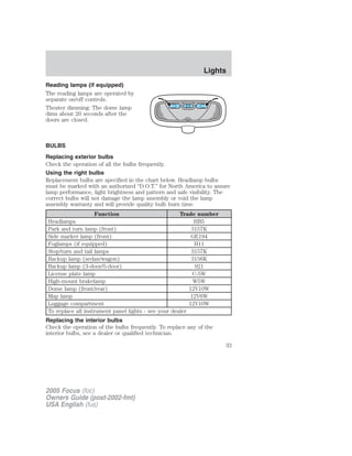 Reading lamps (if equipped)
The reading lamps are operated by
separate on/off controls.
Theater dimming: The dome lamp
dims about 20 seconds after the
doors are closed.
BULBS
Replacing exterior bulbs
Check the operation of all the bulbs frequently.
Using the right bulbs
Replacement bulbs are specified in the chart below. Headlamp bulbs
must be marked with an authorized “D.O.T.” for North America to assure
lamp performance, light brightness and pattern and safe visibility. The
correct bulbs will not damage the lamp assembly or void the lamp
assembly warranty and will provide quality bulb burn time.
Function Trade number
Headlamps HB5
Park and turn lamp (front) 3157K
Side marker lamp (front) GE194
Foglamps (if equipped) H11
Stop/turn and tail lamps 3157K
Backup lamp (sedan/wagon) 3156K
Backup lamp (3-door/5-door) 921
License plate lamp C-5W
High-mount brakelamp W5W
Dome lamp (front/rear) 12V10W
Map lamp 12V6W
Luggage compartment 12V10W
To replace all instrument panel lights - see your dealer
Replacing the interior bulbs
Check the operation of the bulbs frequently. To replace any of the
interior bulbs, see a dealer or qualified technician.
2005 Focus (foc)
Owners Guide (post-2002-fmt)
USA English (fus)
Lights
33
 