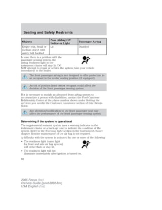 Objects
Pass Airbag Off
Indicator Light
Passenger Airbag
Empty seat, Small or
medium object with
safety belt buckled
Lit Disabled
In case there is a problem with the
passenger sensing system, the
airbag readiness light in the
instrument cluster will stay lit. DO
NOT attempt to repair or service the system; take your vehicle
immediately to the dealer.
The front passenger airbag is not designed to offer protection to
an occupant in the center seating position (if equipped).
An out of position front center occupant could affect the
decision of the front passenger sensing system.
If it is necessary to modify an advanced front airbag system to
accommodate a person with disabilities, contact the Ford Customer
Relationship Center at the phone number shown under Getting the
services you needin the Customer Assistance section of this Owners
Guide.
Any alteration/modification to the front passenger seat may
affect the performance of the front passenger sensing system.
Determining if the system is operational
The supplemental restraint system uses a warning indicator in the
instrument cluster or a back-up tone to indicate the condition of the
system. Refer to the Warning light section in the Instrument cluster
chapter. Routine maintenance of the air bag is not required.
A difficulty with the system is indicated by one or more of the following:
• The readiness light (same light
for front and side air bag system)
will either flash or stay lit.
• The readiness light will not
illuminate immediately after ignition is turned on.
2005 Focus (foc)
Owners Guide (post-2002-fmt)
USA English (fus)
Seating and Safety Restraints
88
 