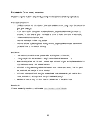 25
Entry event – Pocket money simulation
Objective: expand student’s empathy by gaining direct experience of other people's lives
Classroom experience:
- Divide classroom into two “rooms”, pink room and blue room, using a rope (blue room for
girls, pink for boys)
- Put in each “room” appropriate number of chairs , depends of students (example: 30
students, 15 boys and 15 girls – you need 30 chairs or 15 for each side of classroom)
- Divide windows in classroom, also.
- Prepare clean box - water, soup, towels
- Prepare reward. Symbolic pocket money or fruits, depends of resources. Be creative!
(students have to see what is reward)
Procedure:
- Give instruction - clean mass (proposal for working time - 20 minutes)
- During the process ask students: Can you clean more or better this ….?
- After cleaning make two columns - one for boys, another for girls. Example of reward: for
boys receive 5 euros. Girls receive 2 euros.
- Important: during rewarding communicate with boys on this way: bravo! You did great
job, this is for you, I hope so this is enough.
- Important: Communication with girls: Please next time clean better, you have to work
faster, I think is not enough clean. Did you clean everything?
- Remember: with activity students have to connect and to feel what GPG
Resources:
Video – how entry event supposed to look https://vimeo.com/187095958
 