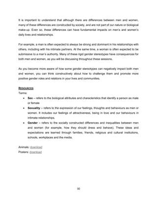 30
It is important to understand that although there are differences between men and women,
many of these differences are constructed by society, and are not part of our nature or biological
make-up. Even so, these differences can have fundamental impacts on men’s and women’s
daily lives and relationships.
For example, a man is often expected to always be strong and dominant in his relationships with
others, including with his intimate partners. At the same time, a woman is often expected to be
submissive to a man’s authority. Many of these rigid gender stereotypes have consequences for
both men and women, as you will be discussing throughout these sessions.
As you become more aware of how some gender stereotypes can negatively impact both men
and women, you can think constructively about how to challenge them and promote more
positive gender roles and relations in your lives and communities.
RESOURCES
Terms:
 Sex – refers to the biological attributes and characteristics that identify a person as male
or female
 Sexuality – refers to the expression of our feelings, thoughts and behaviours as men or
women. It includes our feelings of attractiveness, being in love and our behaviours in
intimate relationships.
 Gender – refers to the socially constructed differences and inequalities between men
and women (for example, how they should dress and behave). These ideas and
expectations are learned through families, friends, religious and cultural institutions,
schools, workplaces and the media.
Animals: download
Posters: download
 