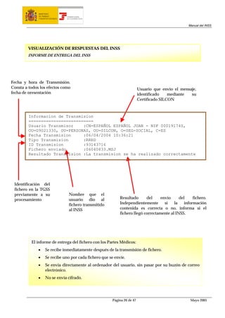 MINISTERIO
              DE TRABAJO           TESORERÍA GENERAL
              Y ASUNTOS SOCIALES   DE LA SEGURIDAD SOCIAL




                                                                                                       Manual del INSS




        VISUALIZACIÓN DE RESPUESTAS DEL INSS
        INFORME DE ENTREGA DEL INSS




Fecha y hora de Transmisión.
Consta a todos los efectos como                                               Usuario que envío el mensaje,
fecha de presentación                                                         identificado    mediante  su
                                                                              Certificado SILCON



         Informacion de Transmision
         ==========================
         Usuario Transmisor    :CN=ESPAÑOL ESPAÑOL JUAN - NIF 00019174S,
         OU=G9021330, OU=PERSONAS, OU=SILCON, O=SEG-SOCIAL, C=ES
         Fecha Transmision     :06/04/2004 10:36:21
         Tipo Transmision      :RRED
         ID Transmision        :93143716
         Fichero enviado       :06040833.MSJ
         Resultado Transmision :La transmision se ha realizado correctamente




 Identificación del
 fichero en la TGSS
 previamente a su                    Nombre que el
 procesamiento                       usuario dio al             Resultado      del     envío     del     fichero.
                                     fichero transmitido        Independientemente       si   la    información
                                     al INSS                    contenida es correcta o no, informa si el
                                                                fichero llegó correctamente al INSS.




          El informe de entrega del fichero con los Partes Médicos:
              •     Se recibe inmediatamente después de la transmisión de fichero.
              •     Se recibe uno por cada fichero que se envíe.
              •     Se envía directamente al ordenador del usuario, sin pasar por su buzón de correo
                    electrónico.
              •     No se envía cifrado.




                                                            Página 26 de 47                             Mayo 2005
 