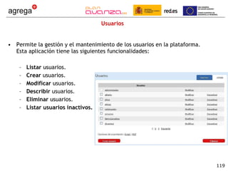 Usuarios Permite la gestión y el mantenimiento de los usuarios en la plataforma. Esta aplicación tiene las siguientes funcionalidades: Listar  usuarios. Crear  usuarios. Modificar  usuarios. Describir  usuarios. Eliminar  usuarios. Listar usuarios inactivos. 