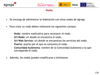 Nodos Se encarga de administrar la federación con otros nodos de Agrega Para crear un nodo deben rellenarse los siguientes campos: Nodo : nombre explicativo para reconocer el nodo. Url Nodo:  url donde se encuentra el nodo. Url Web Service : url donde se encuentran los servicios del nodo. Puerto : puerto por el que se comunica el nodo. Comunidad Autónoma : nombre de la Comunidad Autónoma a la que corresponde el nodo. Además, los nodos pueden modificarse o eliminarse. 