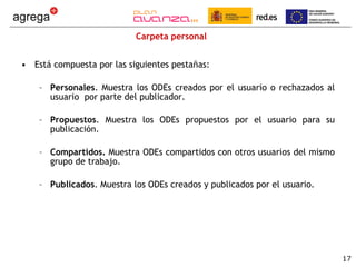 Carpeta personal Está compuesta por las siguientes pestañas: Personales . Muestra los ODEs creados por el usuario o rechazados al usuario  por parte del publicador.  Propuestos . Muestra los ODEs propuestos por el usuario para su publicación. Compartidos.  Muestra ODEs compartidos con otros usuarios del mismo grupo de trabajo. Publicados . Muestra los ODEs creados y publicados por el usuario. 