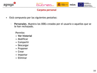 Carpeta personal Está compuesta por las siguientes pestañas: Personales . Muestra los ODEs creados por el usuario o aquellos que se le han rechazado.  Permite: Ver historial Modificar Compartir Descargar Proponer Crear Importar Eliminar  