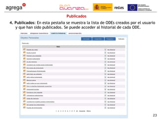 Publicados 4. Publicados : En esta pestaña se muestra la lista de ODEs creados por el usuario y que han sido publicados. Se puede acceder al historial de cada ODE.  