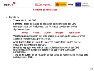 Pantalla de resultados Consta de: Título:  titulo del ODE. Formato : tipos de datos de todos los componentes del ODE representados por imágenes. Los formatos pueden ser de los siguientes tipos:  Texto  Video  Audio  Imagen  Aplicación Valoración:  puntuación del ODE según los usuarios de la plataforma Aparece representada por estrellas. Área Curricular:  se trata de las áreas curriculares en las que se encuadra el contenido del ODE. Nivel de Agregación:  indica la granularidad funcional del ODE relacionada con el tipo de objeto y la cobertura curricular aproximada.  Tipo de recurso:  es la relación de los tipos de recursos de los que está compuesto el ODE. 
