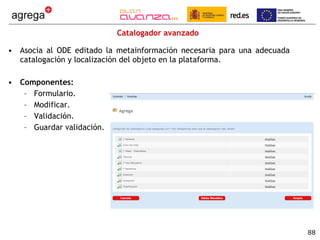 Catalogador avanzado Asocia al ODE editado la metainformación necesaria para una adecuada catalogación y localización del objeto en la plataforma. Componentes: Formulario. Modificar. Validación. Guardar validación. 