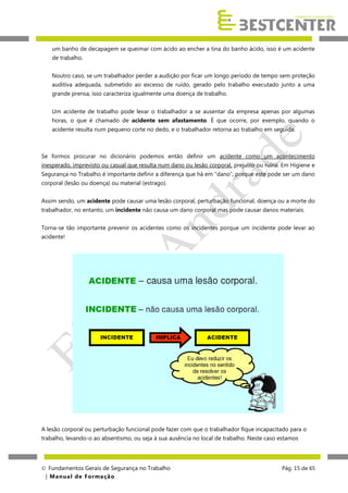 um banho de decapagem se queimar com ácido ao encher a tina do banho ácido, isso é um acidente
de trabalho.
Noutro caso, se um trabalhador perder a audição por ficar um longo período de tempo sem proteção
auditiva adequada, submetido ao excesso de ruído, gerado pelo trabalho executado junto a uma
grande prensa, isso caracteriza igualmente uma doença de trabalho.
Um acidente de trabalho pode levar o trabalhador a se ausentar da empresa apenas por algumas
horas, o que é chamado de acidente sem afastamento. É que ocorre, por exemplo, quando o
acidente resulta num pequeno corte no dedo, e o trabalhador retorna ao trabalho em seguida.

Se formos procurar no dicionário podemos então definir um acidente como um acontecimento
inesperado, imprevisto ou casual que resulta num dano ou lesão corporal, prejuízo ou ruína. Em Higiene e
Segurança no Trabalho é importante definir a diferença que há em “dano”, porque este pode ser um dano
corporal (lesão ou doença) ou material (estrago).
Assim sendo, um acidente pode causar uma lesão corporal, perturbação funcional, doença ou a morte do
trabalhador, no entanto, um incidente não causa um dano corporal mas pode causar danos materiais.
Torna-se tão importante prevenir os acidentes como os incidentes porque um incidente pode levar ao
acidente!

A lesão corporal ou perturbação funcional pode fazer com que o trabalhador fique incapacitado para o
trabalho, levando-o ao absentismo, ou seja à sua ausência no local de trabalho. Neste caso estamos

 Fundamentos Gerais de Segurança no Trabalho
| M a n u a l d e F o rma ç ã o

Pág. 15 de 65

 
