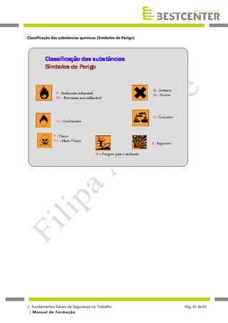 Classificação das substâncias químicas (Símbolos de Perigo)

 Fundamentos Gerais de Segurança no Trabalho
| M a n u a l d e F o rma ç ã o

Pág. 41 de 65

 