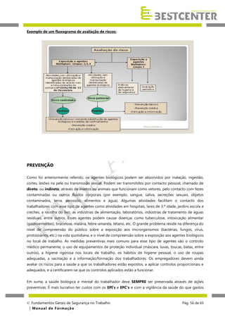 Exemplo de um fluxograma de avaliação de riscos:

PREVENÇÃO
Como foi anteriormente referido, os agentes biológicos podem ser absorvidos por inalação, ingestão,
cortes, lesões na pele ou transmissão sexual. Podem ser transmitidos por contacto pessoal, chamado de
direto, ou indireto, através de insetos ou animais que funcionam como vetores, pelo contacto com fezes
contaminadas ou outros fluídos corporais (por exemplo, sangue, saliva, secreções sexuais, objetos
contaminados, terra, aerossóis, alimentos e água). Algumas atividades facilitam o contacto dos
trabalhadores com esse tipo de agentes como atividades em hospitais, lares de 3.ª idade, jardins escola e
creches, a recolha do lixo, as indústrias de alimentação, laboratórios, indústrias de tratamento de águas
residuais, entre outros. Esses agentes podem causar doenças como tuberculose, intoxicação alimentar
(gastroenterites), brucelose, malária, febre-amarela, tétano, etc. O grande problema reside na diferença do
nível de compreensão do público sobre a exposição aos microrganismos (bactérias, fungos, vírus,
protozoários, etc.) na vida quotidiana, e o nível de compreensão sobre a exposição aos agentes biológicos
no local de trabalho. As medidas preventivas mais comuns para esse tipo de agentes são o controlo
médico permanente, o uso de equipamentos de proteção individual (máscara, luvas, toucas, batas, entre
outros), a higiene rigorosa nos locais de trabalho, os hábitos de higiene pessoal, o uso de roupas
adequadas, a vacinação e a informação/formação dos trabalhadores. Os empregadores devem ainda
avaliar os riscos para a saúde a que os trabalhadores estão expostos, a aplicar controlos proporcionais e
adequados, e a certificarem-se que os controlos aplicados estão a funcionar.
Em suma, a saúde biológica e mental do trabalhador deve SEMPRE ser preservada através de ações
preventivas. É mais lucrativo ter custos com os EPI’s e EPC’s e com a vigilância da saúde do que gastos

 Fundamentos Gerais de Segurança no Trabalho
| M a n u a l d e F o rma ç ã o

Pág. 56 de 65

 