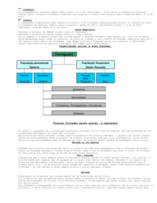 7* Cortadeiras : 
Ou carregadeiras, possuem tamanho médio entre 4 e 7 mm, encarregam - se de cortar e transportar material 
vegetal para o sauveiro e chegam a suportar uma carga de 13 vezes o seu próprio peso, vivem em média, 60 a 90 
dias. 
8* Soldados : 
Ou cabeçudos, responsáveis pela defesa da colônia, e em condições adversas podem assumir as tarefas de corte 
e transporte de material vegetal para o sauveiro. Medem em média 11mm podendo chegar a 15 mm em Atta 
laevigata, vivem em média 90 a 120 dias. 
Casta Temporária 
Centenas a milhares de fêmeas aladas (içás ou tanajuras). 
Centenas a milhares de machos alados (bitus ou içás - bitus). 
São as fêmeas e os machos alados que ocorrem quando o sauveiro atinge a fase adulta, por volta de 38 meses. 
Estes permanecem pouco tempo no sauveiro, em torno de 4 meses e, por ocasião da revoada, saem para realizar o 
vôo nupcial onde, depois de fecundada, cada fêmea iniciará a formação de um novo sauveiro. A quantidade 
destes indivíduos em um sauveiro é em média 3000 fêmeas para 14000 machos. 
Organização social e suas funções: 
Formigueiro 
População permanente População Temporária 
Ápteros Alada / Sexuada 
Rainha Operárias Fêmeas Machos 
Icás/ 
Sexuada estéreis 
Tanajuras Bitus 
Jardineiras 
Generalistas 
Cortadeiras, Carregadeiras e Escoteiras 
Soldados 
Plantas Cortadas pelas saúvas e quenquéns 
As saúvas e quenquéns são consideradas polífagas, cortando vários tipos de plantas, mas não monófagas por se 
alimentarem basicamente do fungo que cultivam. 
Das plantas que estas formigas cortam, pode-se agrupá-las em monocotiledôneas, * plantas com folhas largas). 
Dentre as dicotiledôneas estão às plantas de citros, eucaliptos, acácias, soja, seringueira, entre outras. 
Dentre as monocotiledôneas estão às plantas de cana- de –açúcar, milho, gramas de pastagens, entre outras. 
Revoada ou vôo nupcial 
Fenômeno que acontece nos sauveiros adultos, a partir de três anos subseqüente, com a liberação de grande 
número de formigas sexuadas e aladas (içás e bitus). Após o vôo a fecundação das içás, o início da formação 
de novos sauveiros. Esta etapa se divide em duas fases distintas. 
Pré - revoada: 
Acontece de uma a cinco semanas antes da revoada e termina quando as formas aladas iniciam o vôo nupcial. É 
caracterizada pelo aspecto que se apresentam os canais logo abaixo dos mesmos, deixando - os limpos e de 
contornos bem delineados, estreitando - se na entrada. Próximo ao início da revoada propriamente dita e 
durante esta, nota - se um alvoroço muito grande das operárias e soldados. Estes ficam bastante agressivos, 
locomovem - se com rapidez e estão sempre prontos a atacar qualquer inimigo. 
Revoada 
Normalmente as primeiras içás surgem depois de já terem saído muitos bitus. 
Inicialmente as içás permanecem quase imóveis sobre o sauveiro e depois iniciam os vôos, utilizando - se de 
pontos mais elevados do terreno ou de arbustos próximos. Primeiramente uma fêmea levanta vôo, sendo seguida 
por vários bitus. 
Este fenômeno é acompanhado por outras fêmeas, em um ritmo cada vez mais freqüente, até se tornar continuo. A 
princípio, o vôo é vertical e a certa altura toma o sentido horizontal, rumo este quase sempre ditado pela 
 