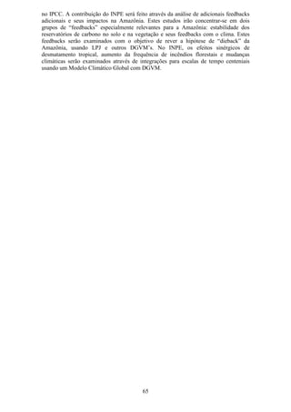 no IPCC. A contribuição do INPE será feito através da análise de adicionais feedbacks
adicionais e seus impactos na Amazônia. Estes estudos irão concentrar-se em dois
grupos de “feedbacks” especialmente relevantes para a Amazônia: estabilidade dos
reservatórios de carbono no solo e na vegetação e seus feedbacks com o clima. Estes
feedbacks serão examinados com o objetivo de rever a hipótese de “dieback” da
Amazônia, usando LPJ e outros DGVM’s. No INPE, os efeitos sinérgicos de
desmatamento tropical, aumento da frequência de incêndios florestais e mudanças
climáticas serão examinados através de integrações para escalas de tempo centeniais
usando um Modelo Climático Global com DGVM.




                                         65
 