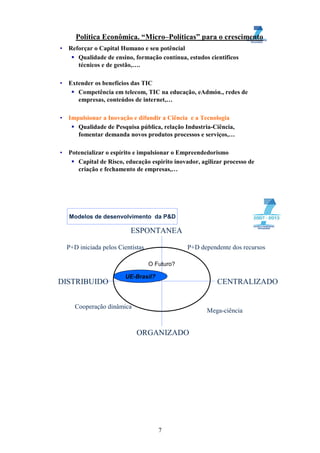 Política Econômica. “Micro–Políticas” para o crescimento
•   Reforçar o Capital Humano e seu potêncial
       Qualidade de ensino, formação contínua, estudos cientificos
       técnicos e de gestão,….

•   Extender os benefícios das TIC
       Competência em telecom, TIC na educação, eAdmón., redes de
       empresas, conteúdos de internet,…

•   Impulsionar a Inovação e difundir a Ciência e a Tecnologia
       Qualidade de Pesquisa pública, relação Industria-Ciência,
       fomentar demanda novos produtos processos e serviços,…

•   Potencializar o espírito e impulsionar o Empreendedorismo
       Capital de Risco, educação espirito inovador, agilizar processo de
       criação e fechamento de empresas,…




    Modelos de desenvolvimento da P&D

                            ESPONTANEA

    P+D iniciada pelos Cientístas               P+D dependente dos recursos

                                    O Futuro?

                         UE-Brasil?
DISTRIBUIDO                                                CENTRALIZADO


       Cooperação dinâmica
                                                       Mega-ciência


                              ORGANIZADO




                                       7
 