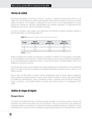 Buenas prácticas agrícolas (BPA) en la producción de fríjol voluble



  Normas de calidad
 El Instituto Colombiano de Normas Técnicas —Icontec—, expidió la norma técnica NTC 871 de
 1986, en la cual se definen los criterios para clasificar el fríjol seco con destino al consumo humano
 (véase el anexo 2). Sin embargo, la aplicación de esta norma no se ha generalizado en el país
 porque las cadenas de mercado especializadas, las centrales mayoristas y la agroindustria han
 establecido sus propios criterios de calidad y empaque.

 La norma considera cuatro grados que responden al contenido de granos dañados, partidos y
 abiertos permitidos, en porcentaje (tabla 12).

                  Tabla 12. Requisitos que debe cumplir el fríjol para el consumo


                                      Grano                     Grano                 Grano
                    Grado
                                    dañado (%)                partido (%)           abierto (%)
                       1               1.0                        1.0                   1.0
                       2               2.0                        2.0                   2.0
                       3               5.0                        3.0                   5.0
                       4               7.0                        5.0                   9.0
                  Fuente: CCI, 2000.


 El fríjol se designa de acuerdo con el grado y la variedad. En relación con el empaque y el rotulado,
 la norma establece que el fríjol seco se debe comercializar en sacos que contengan una etiqueta en
 la que se especifique procedencia, nombre o marca del productor o vendedor, grado, volumen en
 kilogramos y fecha de cosecha.

 Además de esta norma, se han utilizado de manera subjetiva otras condiciones como humedad del
 grano (un máximo del 15%) y mezclas de variedades diferentes al producto que se ofrece, en un
 máximo del 3%.

 Para el caso del fríjol verde no existen normas establecidas, pero se tienen algunas exigencias
 de las cadenas de supermercados: que las vainas deben contener un mínimo de cuatro semillas
 sin señales de deshidratación, sanas, coloreadas, enteras y cerradas, libres de daños mecánicos,
 físicos y químicos, y las semillas deben ser tiernas pero firmes al tacto, sin magulladuras (CCI,
 2000).



  Análisis de riesgos de higiene
 Riesgos físicos

 En el proceso de trillado del fríjol, el producto queda mezclado con restos de vainas y otro tipo de
 impurezas que vienen del campo junto con las vainas. Como ya se mencionó, para separar las
 impurezas el grano es sometido a un proceso de limpieza mediante ventilación o zarandeo. Si este
 procedimiento no se hace en forma cuidadosa, el grano puede quedar con impurezas físicas. Para el
128
 