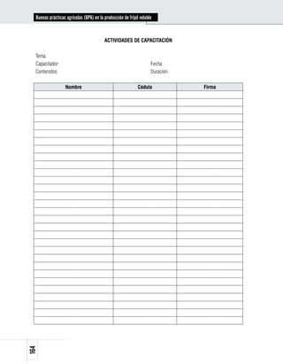 Buenas prácticas agrícolas (BPA) en la producción de fríjol voluble


                                         ACTIVIDADES DE CAPACITACIÓN

  Tema:
  Capacitador:                                                      Fecha:
  Contenidos:                                                       Duración:

                   Nombre                                    Cédula             Firma
164
 