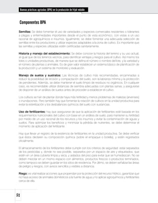 Buenas prácticas agrícolas (BPA) en la producción de fríjol voluble



 Componentes BPA
 Semillas: Se debe fomentar el uso de variedades y especies comerciales resistentes o tolerantes
 a plagas y enfermedades importantes desde el punto de vista económico, con vistas a un uso
 racional de agroquímicos e insumos. Igualmente, se debe fomentar una adecuada selección de
 semillas entre los productores y utilizar especies adaptables a la zona de cultivo. Es importante que
 las semillas y especies utilizadas estén certificadas sanitariamente.

 Historia y manejo del establecimiento: Se debe conocer la historia del terreno y su uso actual,
 al igual que de los terrenos vecinos, para identificar ventajas y riesgos para el cultivo. Así mismo los
 lotes o unidades productivas, de manera que se defina el número o nombre del lote, y la variedad y
 el número de plantas o animales. Es de gran valor establecer un sistema básico de planificación de
 la producción y un sistema de monitoreo y evaluación.

 Manejo de suelos y sustratos: Las técnicas de cultivo más recomendadas, encaminadas a
 reducir la posibilidad de erosión y compactación del suelo, son la labranza mínima y la protección
 de pendientes. Además, se debe mantener el suelo limpio de residuos no orgánicos. En cualquier
 caso, es recomendable utilizar distancias de siembra adecuadas con plantas sanas, y asegurarse
 de disponer de un análisis de suelos antes de proceder a establecer el cultivo.

 Los cultivos se han de plantar donde haya más fertilidad y menos problemas de malezas (arvenses)
 o inundaciones. Pero también hay que fomentar la rotación de cultivos en la unidad productiva para
 evitar la esterilización y los desbalances químicos del suelo con sustancias.

 Uso de fertilizantes: hay que asegurarse de que la aplicación de fertilizantes esté basada en los
 requerimientos nutricionales del cultivo con base en un análisis de suelo, para mantener su fertilidad
 por medio de un uso racional de los recursos y los insumos y evitar la contaminación de aguas y
 suelos. Para optimizar los beneficios y minimizar la pérdida de nutrientes, se debe determinar el
 momento de aplicación del fertilizante.

 Hay que llevar un registro de la existencia de fertilizantes en la unidad productiva. Se debe verificar
 que éstos declaren su composición química (sobre el empaque o botella), y estén registrados
 oficialmente.

 El almacenamiento de los fertilizantes debe cumplir con los criterios de seguridad: estar separados
 de los pesticidas y, donde no sea posible, separarlos por un espacio de aire y etiquetados; que
 estén en un área cubierta limpia y seca, y aislados del piso para evitar que se humedezcan. No se
 deben mezclar en un mismo espacio con alimentos, productos frescos o productos terminados,
 como tampoco se deben guardar en los sitios de residencia. Por último, se deben señalizar las áreas
 de peligro y riesgos, con avisos sencillos y visibles a distancia.

 Riego: es vital realizar acciones que propendan por la protección del recurso hídrico, garantizar que
 no haya acceso de animales domésticos a la fuente de agua y no aplicar agroquímicos y fertilizantes
 cerca de ella.
22
 
