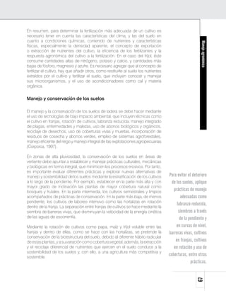 En resumen, para determinar la fertilización más adecuada de un cultivo es
necesario tener en cuenta las características del clima, y las del suelo en
cuanto a condiciones químicas, contenido de nutrientes y características




                                                                                                            Manejo agronómico
físicas, especialmente la densidad aparente, el concepto de exportación
o extracción de nutrientes del cultivo, la eficiencia de los fertilizantes y la
respuesta agronómica del cultivo a la fertilización. En el caso del fríjol, éste
consume cantidades altas de nitrógeno, potasio y calcio, y cantidades más
bajas de fósforo, magnesio y azufre. Es necesario agregar que al concepto de
fertilizar el cultivo, hay que añadir otros, como restituirle al suelo los nutrientes
extraídos por el cultivo y fertilizar el suelo, que incluyen conocer y manejar
sus microorganismos, y el uso de acondicionadores como cal y materia
orgánica.


Manejo y conservación de los suelos

El manejo y la conservación de los suelos de ladera se debe hacer mediante
el uso de tecnologías de bajo impacto ambiental, que incluyen técnicas como
el cultivo en franjas, rotación de cultivos, labranza reducida, manejo integrado
de plagas, enfermedades y malezas, uso de abonos biológicos y orgánicos,
reciclaje de desechos, uso de coberturas vivas y muertas, incorporación de
residuos de cosecha y abonos verdes, empleo de sistemas agroforestales,
manejo eficiente del riego y manejo integral de las explotaciones agropecuarias
(Corpoica, 1997).

En zonas de alta pluviosidad, la conservación de los suelos en áreas de
vertiente debe apuntar a establecer y manejar prácticas culturales, mecánicas
y biológicas en forma integral, que minimicen los procesos erosivos. Por tanto,
es importante evaluar diferentes prácticas y explorar nuevas alternativas de
manejo y sostenibilidad de los suelos mediante la estratificación de los cultivos       Para evitar el deterioro
a lo largo de la pendiente. Por ejemplo, establecer en la parte más alta y con            de los suelos, aplique
mayor grado de inclinación las plantas de mayor cobertura natural como
bosques y frutales. En la parte intermedia, los cultivos semestrales y limpios
                                                                                           prácticas de manejo
acompañados de prácticas de conservación. En la parte más baja, de menos                       adecuadas como
pendiente, los cultivos de laboreo intensivo como las hortalizas en rotación
                                                                                             labranza reducida,
dentro de la franja. La separación entre franjas de cultivos se hace mediante la
siembra de barreras vivas, que disminuyan la velocidad de la energía cinética                 siembras a través
de las aguas de escorrentía.                                                                   de la pendiente y
Mediante la rotación de cultivos como papa, maíz y fríjol voluble entre las                  en curvas de nivel,
franjas y dentro de ellas, como se hace con las hortalizas, se pretende la              barreras vivas, cultivos
conservación de la bioestructura del suelo, debido al diferente hábito radicular
de estas plantas, y a su variación como cobertura vegetal; además, la extracción            en franjas, cultivos
y el reciclaje diferencial de nutrientes que ejercen en el suelo conduce a la              en rotación y uso de
sostenibilidad de los suelos y, con ello, a una agricultura más competitiva y
sostenible.
                                                                                        coberturas, entre otras
                                                                                                      prácticas.
                                                                                                         67
 