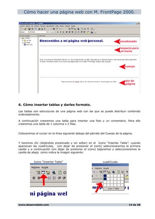 Cómo hacer una página web con M. FrontPage 2000.
6. Cómo insertar tablas y darles formato.
Las tablas son estructuras de una página web con las que se puede distribuir contenido
ordenadamente.
A continuación crearemos una tabla para insertar una foto y un comentario. Para ello
crearemos una tabla de 1 columna x 2 filas.
Colocaremos el cursor en la línea siguiente debajo del párrafo del Cuerpo de la página.
Y haremos clic (dejándolo presionado y sin soltar) en el Icono “Insertar Tabla”: cuando
aparezcan las cuadrículas, (sin dejar de presionar el icono) seleccionaremos la primera
casilla y a continuación (sin dejar de presionar el icono) bajaremos y seleccionaremos la
casilla de abajo como indica la imagen siguiente:
Icono “Insertar Tabla” cuadrículas
www.desenredate.com 14 de 28
 