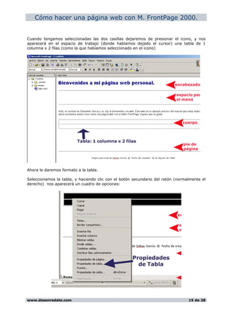 Cómo hacer una página web con M. FrontPage 2000.
Cuando tengamos seleccionadas las dos casillas dejaremos de presionar el icono, y nos
aparecerá en el espacio de trabajo (donde habíamos dejado el cursor) una tabla de 1
columna x 2 filas (como la que habíamos seleccionado en el icono)
Ahora le daremos formato a la tabla.
Seleccionamos la tabla, y haciendo clic con el botón secundario del ratón (normalmente el
derecho) nos aparecerá un cuadro de opciones:
www.desenredate.com 15 de 28
 