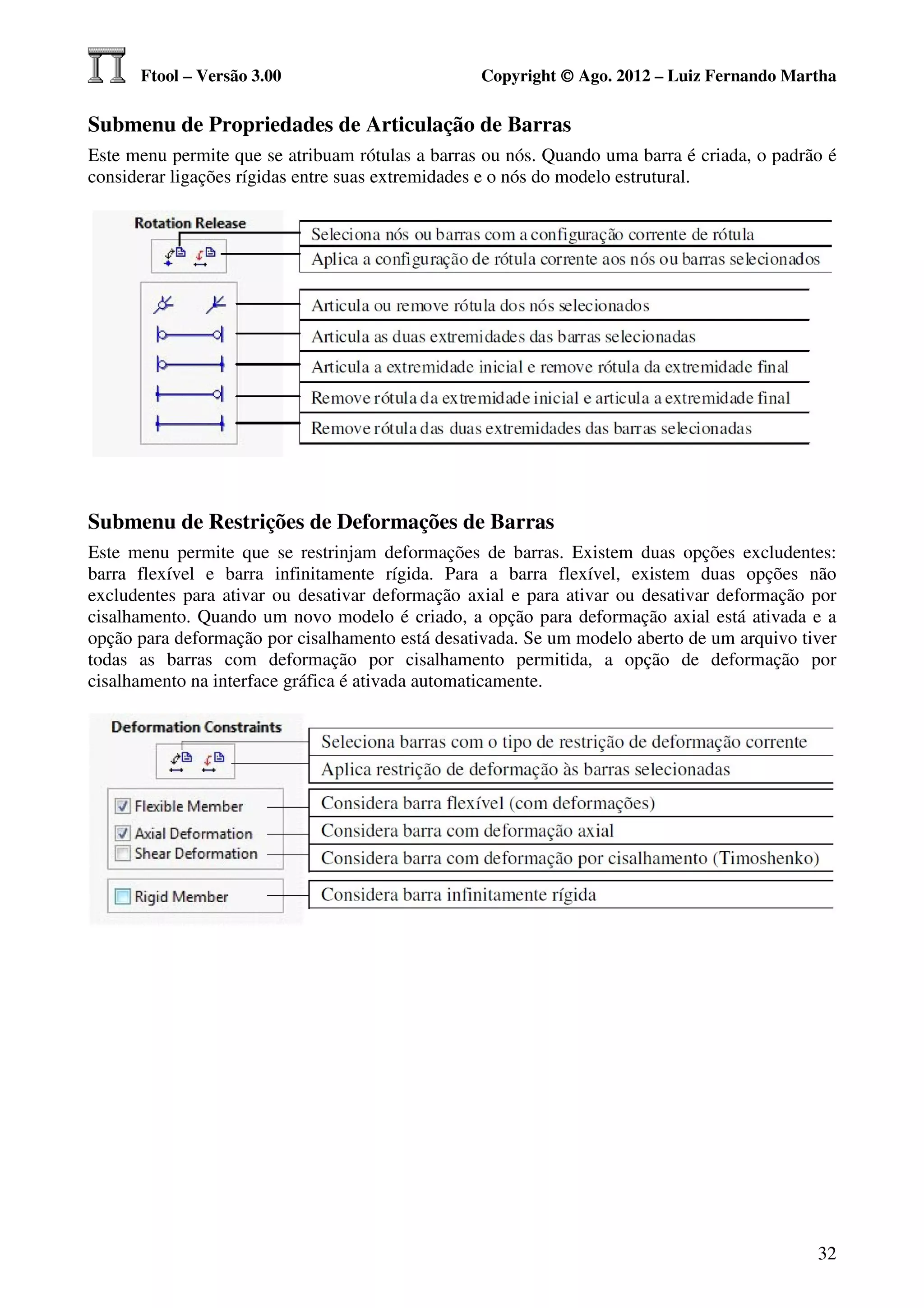 Ftool – Versão 3.00                         Copyright © Ago. 2012 – Luiz Fernando Martha

Submenu de Propriedades de Articulação de Barras
Este menu permite que se atribuam rótulas a barras ou nós. Quando uma barra é criada, o padrão é
considerar ligações rígidas entre suas extremidades e o nós do modelo estrutural.




Submenu de Restrições de Deformações de Barras
Este menu permite que se restrinjam deformações de barras. Existem duas opções excludentes:
barra flexível e barra infinitamente rígida. Para a barra flexível, existem duas opções não
excludentes para ativar ou desativar deformação axial e para ativar ou desativar deformação por
cisalhamento. Quando um novo modelo é criado, a opção para deformação axial está ativada e a
opção para deformação por cisalhamento está desativada. Se um modelo aberto de um arquivo tiver
todas as barras com deformação por cisalhamento permitida, a opção de deformação por
cisalhamento na interface gráfica é ativada automaticamente.




                                                                                             32
 