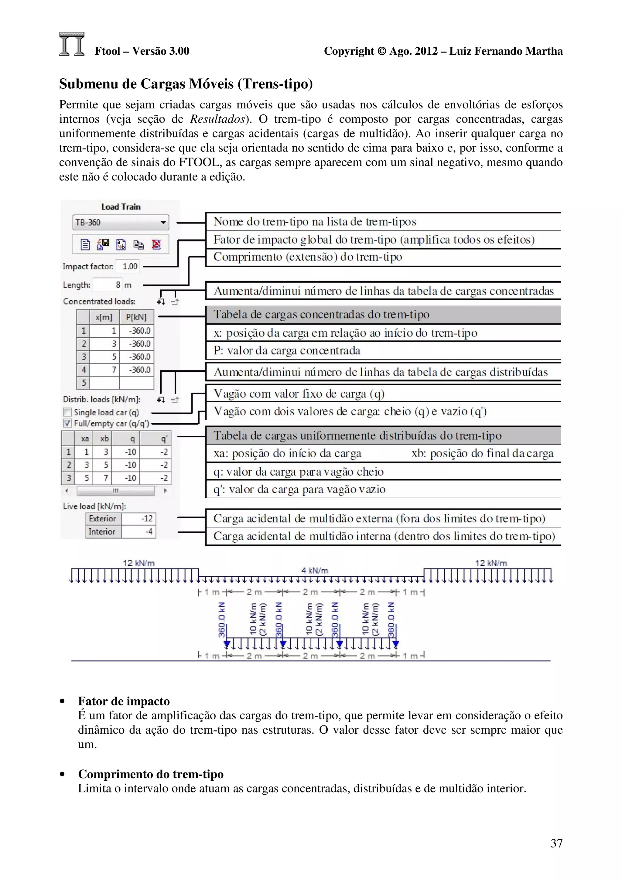 Ftool – Versão 3.00                           Copyright © Ago. 2012 – Luiz Fernando Martha

Submenu de Cargas Móveis (Trens-tipo)
Permite que sejam criadas cargas móveis que são usadas nos cálculos de envoltórias de esforços
internos (veja seção de Resultados). O trem-tipo é composto por cargas concentradas, cargas
uniformemente distribuídas e cargas acidentais (cargas de multidão). Ao inserir qualquer carga no
trem-tipo, considera-se que ela seja orientada no sentido de cima para baixo e, por isso, conforme a
convenção de sinais do FTOOL, as cargas sempre aparecem com um sinal negativo, mesmo quando
este não é colocado durante a edição.




•   Fator de impacto
    É um fator de amplificação das cargas do trem-tipo, que permite levar em consideração o efeito
    dinâmico da ação do trem-tipo nas estruturas. O valor desse fator deve ser sempre maior que
    um.

•   Comprimento do trem-tipo
    Limita o intervalo onde atuam as cargas concentradas, distribuídas e de multidão interior.



                                                                                                 37
 