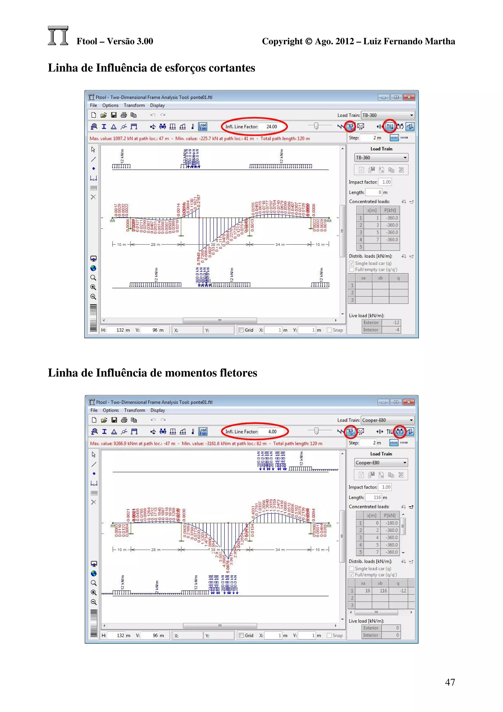 Ftool – Versão 3.00                    Copyright © Ago. 2012 – Luiz Fernando Martha

Linha de Influência de esforços cortantes




Linha de Influência de momentos fletores




                                                                                     47
 