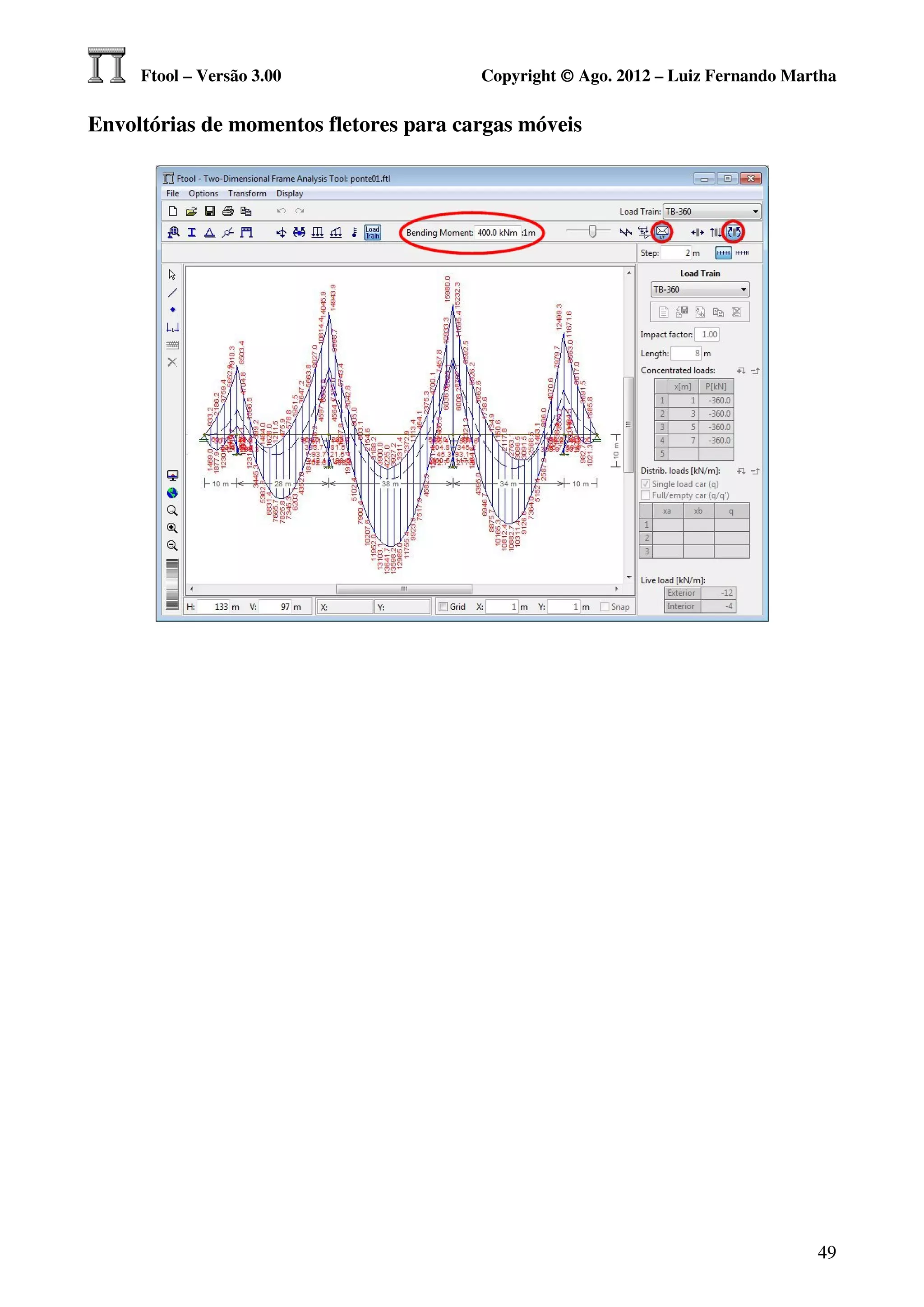 Ftool – Versão 3.00                Copyright © Ago. 2012 – Luiz Fernando Martha

Envoltórias de momentos fletores para cargas móveis




                                                                                 49
 