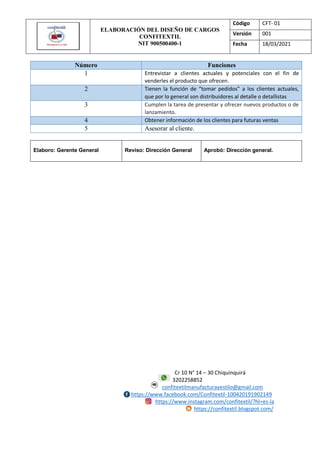 ELABORACIÓN DEL DISEÑO DE CARGOS
CONFITEXTIL
NIT 900500400-1
Código CFT- 01
Versión 001
Fecha 18/03/2021
Cr 10 N° 14 – 30 Chiquinquirá
3202258852
confitextilmanufacturayestilo@gmail.com
https://www.facebook.com/Confitextil-100420191902149
https://www.instagram.com/confitextil/?hl=es-la
https://confitextil.blogspot.com/
Número Funciones
1 Entrevistar a clientes actuales y potenciales con el fin de
venderles el producto que ofrecen.
2 Tienen la función de “tomar pedidos” a los clientes actuales,
que por lo general son distribuidores al detalle o detallistas
3 Cumplen la tarea de presentar y ofrecer nuevos productos o de
lanzamiento.
4 Obtener información de los clientes para futuras ventas
5 Asesorar al cliente.
Elaboro: Gerente General Reviso: Dirección General Aprobó: Dirección general.
 