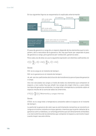 104
Guías IDAE
En las siguientes figuras se esquematiza lo explicado anteriormente:
Ganancia por
radiación
solar directa
Ganancia por radiación
solar difusa y fracción
radiante del resto de
ganancias
Carga
en el local60% incide sobre
el suelo local
x% mobiliario Convección
Se almacena
Se almacena
Resto
40% incide sobre
los demás cerramientos
Carga
en el local
Incide sobre todos los cerramientos
proporcionalmente a sus áreas
El paso de ganancia a carga de un espacio depende de los elementos que lo com-
ponen y de la naturaleza de la ganancia. Así, hay que hacer por separado el paso
de ganancia a carga, para ganancia por conducción, ganancia solar…
Para cada una de ellas se usa la siguiente expresión con distintos coeficientes vk:
C t( )= vk
G t k t( )k=0
wk
C t k t( )k=1
Donde:
C(t): es la carga en el instante de tiempo t.
G(t): es la ganancia en el instante de tiempo t.
vk, wk: son los coeficientes de la función de transferencia para el paso de ganancia
a carga.
Una vez calculadas las cargas a través de todos los elementos que componen el
espacio, a las cuales hay que añadir las cargas de origen interno, y para todos
los tipos de ganancias existentes, la carga total a temperatura constante sobre el
espacio resulta de la suma de todas las anteriores.
CTC t( )= C t( ) elementos y cargas internas
Donde:
CTC(t): es la carga total a temperatura constante sobre el espacio en el instante
de tiempo t.
La parte de la ganancia de calor que es estrictamente convectiva se convierte en
carga en el mismo instante en el que aparece, mientras que la parte radiante de la
ganancia sufre un desfase y un amortiguamiento que son directamente atribuibles
a la inercia térmica de los elementos que componen el espacio y será tanto mayor
cuanto mayor sea esta última.
 