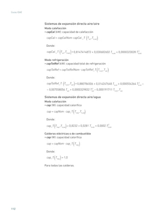 112
Guías IDAE
Sistemas de expansión directa aire/aire
Modo calefacción
• capCal (kW): capacidad de calefacción
capCalNom= ( )capCal capCal _T Tint
,Th,ext
Donde:
=( )capCal _T Tint
,Th,ext 0,8147414872 + 0,030682602 Th,ext
+ 0,0000323028 Th,ext
2
Modo refrigeración
• capTotRef (kW): capacidad total de refrigeración
( )capTotRef = capTotRefNom Th,int
,Text
capTotRef_T
Donde:
=( )capTotRef_T
− 0,007558056 Text
+ 0,0000329832 Text
− 0,000191711 Th,int
,Text
Th,int
,Text 0,880784506 + 0,014247648 Th,int
+ 0,000554364 Th,int
−2
2
Sistemas de expansión directa aire/agua
Modo calefacción
• cap (W): capacidad calorífica
( )cap = capNom Timp
,Th,ext
cap_T
Donde:
( )cap_T Timp
,Th,ext
2
= 0,8232 + 0,0281 Th,ext
+ 0,0002 Th,ext
Calderas eléctricas o de combustible
• cap (W): capacidad calorífica
( )cap = capNom Timp
cap_T
Donde:
( )= 1,0Timp
cap_T
Para todas las calderas.
 