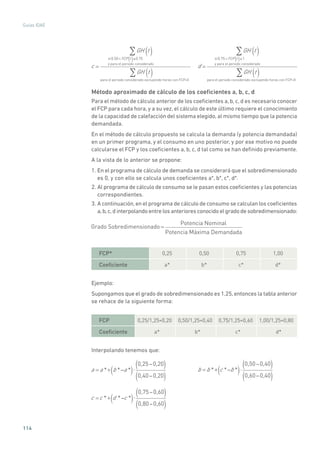 114
Guías IDAE
c =
GH t( )si0.50 FCP t( ) 0.75
y para el periodo considerado
para el periodo considerado excluyendo horas con FCP=0
GH t( )
	
d =
GH t( )si0.75 FCP t( ) 1
y para el periodo considerado
para el periodo considerado excluyendo horas con FCP=0
GH t( )
Método aproximado de cálculo de los coeficientes a, b, c, d
Para el método de cálculo anterior de los coeficientes a, b, c, d es necesario conocer
el FCP para cada hora, y a su vez, el cálculo de este último requiere el conocimiento
de la capacidad de calefacción del sistema elegido, al mismo tiempo que la potencia
demandada.
En el método de cálculo propuesto se calcula la demanda (y potencia demandada)
en un primer programa, y el consumo en uno posterior, y por ese motivo no puede
calcularse el FCP y los coeficientes a, b, c, d tal como se han definido previamente.
A la vista de lo anterior se propone:
1. En el programa de cálculo de demanda se considerará que el sobredimensionado
es 0, y con ello se calcula unos coeficientes a*, b*, c*, d*.
2. Al programa de cálculo de consumo se le pasan estos coeficientes y las potencias
correspondientes.
3. A continuación,en el programa de cálculo de consumo se calculan los coeficientes
a,b,c,d interpolando entre los anteriores conocido el grado de sobredimensionado:
Grado Sobredimensionado =
Potencia Nominal
Potencia Máxima Demandada
FCP* 0,25 0,50 0,75 1,00
Coeficiente a* b* c* d*
Ejemplo:
Supongamos que el grado de sobredimensionado es 1,25, entonces la tabla anterior
se rehace de la siguiente forma:
FCP 0,25/1,25=0,20 0,50/1,25=0,40 0,75/1,25=0,60 1,00/1,25=0,80
Coeficiente a* b* c* d*
Interpolando tenemos que:
a = a *+ b * a *( )
0,25 0,20( )
0,40 0,20( )	
b = b *+ c * b *( )
0,50 0,40( )
0,60 0,40( )
c =c *+ d * c *( )
0,75 0,60( )
0,80 0,60( )
 
